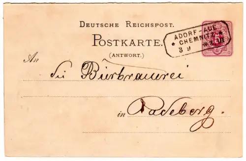 DR 1883, Bahnpost-R3 Adorf-Aue *Chemnitz* auf 5 Pf. Antwortganzsache n. Radeberg