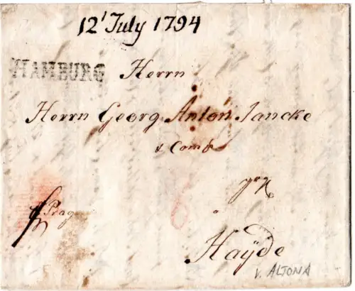 Hamburg 1794, L1 HAMBURG auf Brief " fr. Prag" v. Altona n. Hayda, Österreich