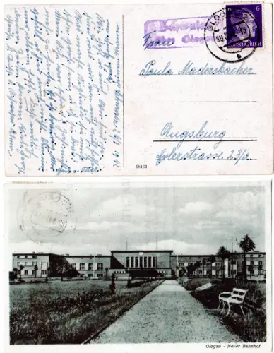 DR 1942, Landpost Stpl. SCHWUSEN über Glogau auf sw-AK Neuer Bahnhof m. 6 Pf. 