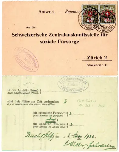 Schweiz 1926, Paar 5 C. Portofreiheit (844) auf Karte v. Buch (Schaffhausen)