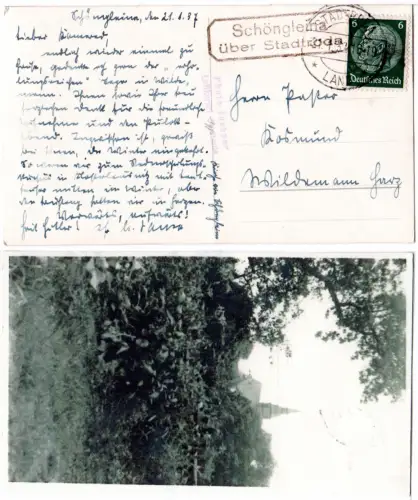 DR 1937, Landpost Stpl. SCHÖNGLEINA über Stadtroda auf sw-AK m. 6 Pf.