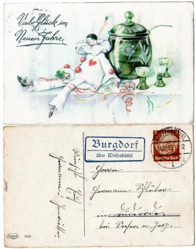 DR 1933, Landpost Stpl. BURGDORF über Wolfenbüttel auf Neujahrs-AK m. 3 Pf.
