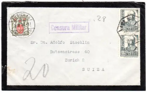 Spanien 1938, 2x15 C. auf Zensur Brief v. Santander m. 20 C. Schweiz Portomarke.