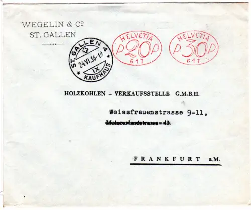 Schweiz 1936, 20+30 C. Maschinenfreistpl. auf Weggelin & C0. Brief v. St. Gallen