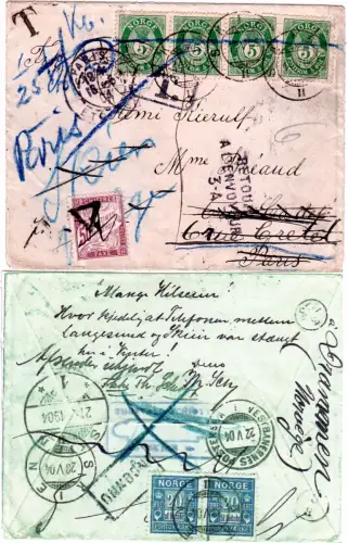 Norway 1904, 4x5 öre on returned letter with postage dues from Skien to France