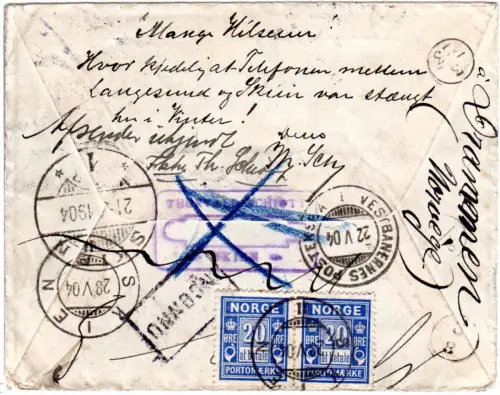 Norway 1904, 4x5 öre on returned letter with postage dues from Skien to France