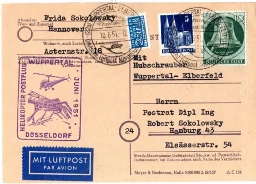 Helicopter Post BRD 1951, Postflug Wuppertal-Düsseldorf, Karte m. 5+10 Pf.