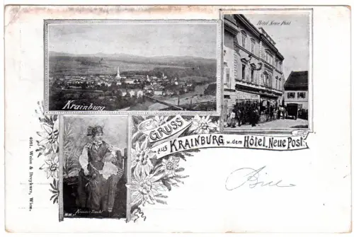 Österreich Slowenien, Gruss aus Krainburg u. Hotel Neue Post, 1901 gebr. sw-AK