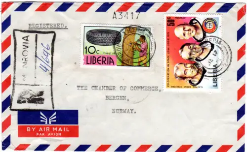 Liberia 1981, 10+50 C. auf Luftpost Einschreiben Brief v. Monrovia n. Norwegen.