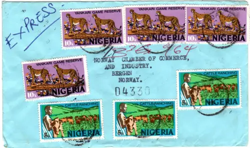 Nigeria 1976, 4x10+3x5 K. auf Luftpost Express Brief v. Ibadan n. Norwegen.