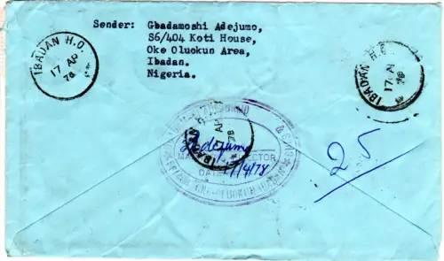 Nigeria 1976, 4x10+3x5 K. auf Luftpost Express Brief v. Ibadan n. Norwegen.