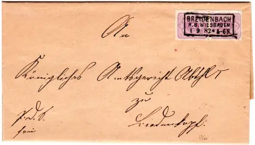 DR 1882, R3 Breidenbach R.B. Wiesbaden klar auf Brief m. Paar 5 Pf.