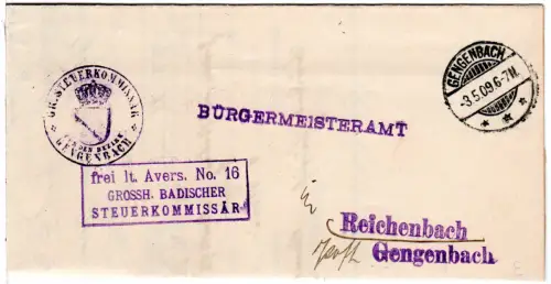DR 1909, Frei lt. Avers. No.16 Bad. Steuerkommissär auf Brief v. Gengenbach