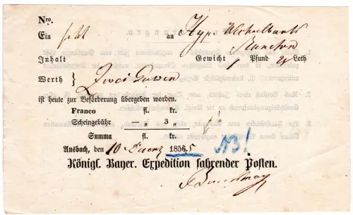 Bayern 1855, gedruckter Postschein v. Ansbach m. korriegierter Jahreszahl!