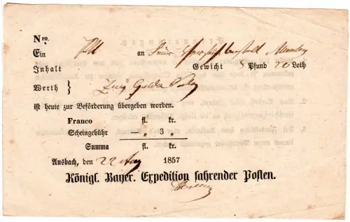 Bayern 1857, gedruckter Postschein v. Ansbach 