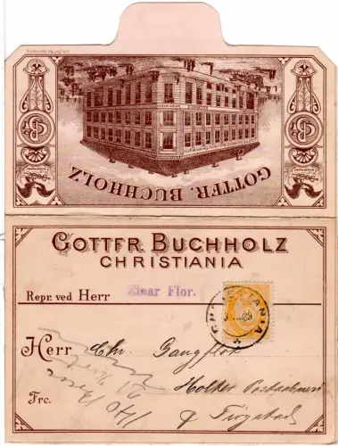 Norwegen 1889, 3 öre (20 mm) auf Firmen Reklame Klappkarte v. Christiania