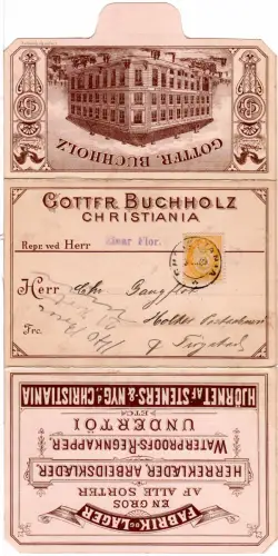 Norwegen 1889, 3 öre (20 mm) auf Firmen Reklame Klappkarte v. Christiania