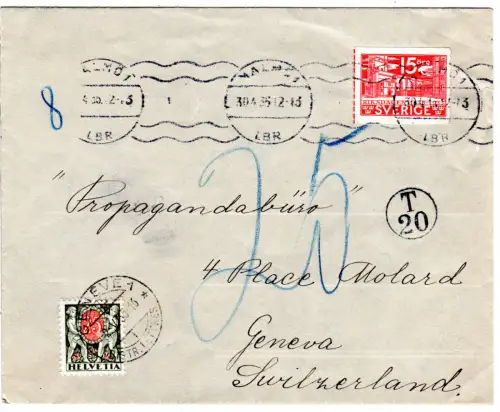 Schweden 1936, 15 öre auf Brief v. Malmö n. Geneve m. Schweiz 25 C. Portomarke