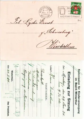 Schweiz 1934, 5 C. Portofreiheit (862) auf Karte v. Winterthur