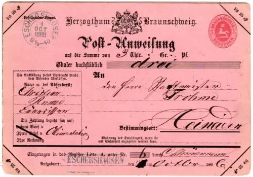 Braunschweig 1866, gebr. 1 Gr. Postanweisung Ganzsache m. K2+L1 Eschershausen