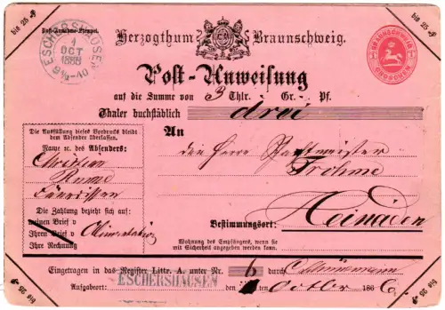 Braunschweig 1868,  gebr. 1 Gr. Postanweisung Ganzsache m. K2+L1 Eschershausen