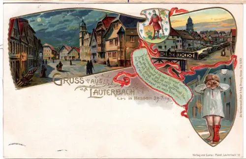 Gruss aus Lauterbach m. Mondscheinansicht u. Stadtwappen, 1903 gebr. Präge-AK