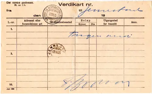 Norwegen 1925, Schiffspoststpl. LOFOTEN OG VESTERAALENS POTEKSP C auf Postschein