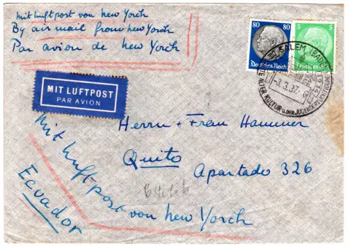 DR 1937, 80+5 Pf. auf Luftpost Brief ab New York v. Salem n. Ecuador
