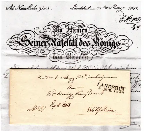 Bayern 1847, L2 Landshut klar auf Dienstbrief n. Wolfstein