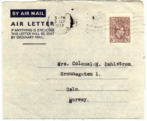 Nigeria 1952, 6d Air Letter stationery sent from Lagos to Norwegen.  