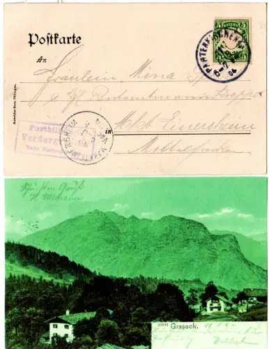 Bayern 1904, Posthilfstelle VORDERGRASECK Taxe Partenkirchen auf AK m. 5 Pf.