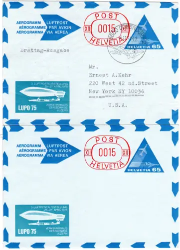 Schweiz 1974, zwei Luzern Lupo 75 Aerogramme, ungebr. bzw. m. Ersttagsstempel