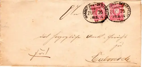 DR 1884, 2x10 Pf. auf Brief m. Bahnpoststpl. Magdeburg-Oebisfelde Zug 76