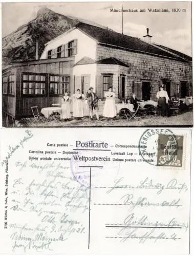 Münchnerhaus am Watzmann m. Gaststätten-Personal u. Gästen, 1921 gebr. sw-AK