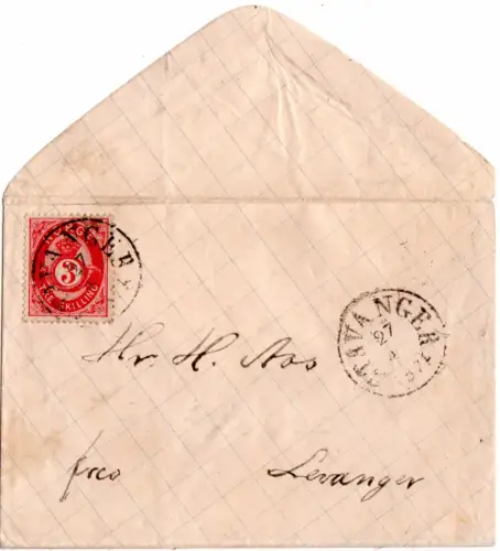 Norwegen 1874, 3 Sk. auf kariertem Zierbrief v. Stavanger