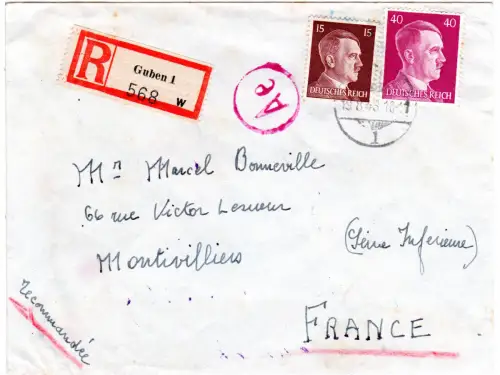 DR 1943, 40+15 Pf. auf Einschreiben Zensur Brief v. Guben n. Frankreich
