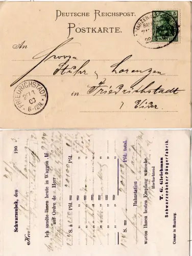 DR 1903, Bahnpost Schwarzenbek-Oldesloe klar auf Firmenkarte n. Friedrichstadt