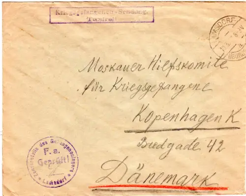 DR 1917, KGF POW Zensur Brief v. Lamsdorf Schlesien Polen n. Dänemark
