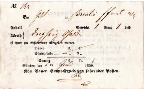 Bayern 1850, Postschein v. München m. voll ausgedruckter Jahreszahl