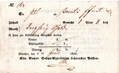 Bayern 1850, Postschein v. München m. voll ausgedruckter Jahreszahl