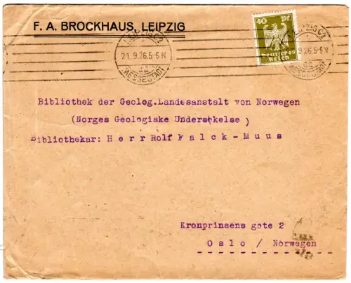 DR 1926, EF 40 Pf. auf Brockhaus Brief (21-40 Gramm) v. Leipzig n. Norwegen.