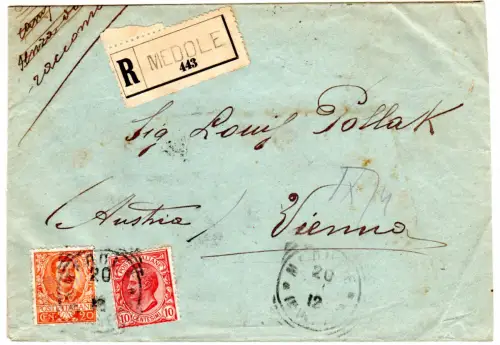 Italien 1912, 10+20 C. auf Einschreiben Brief v. Medole (Mantova) n. Österreich.