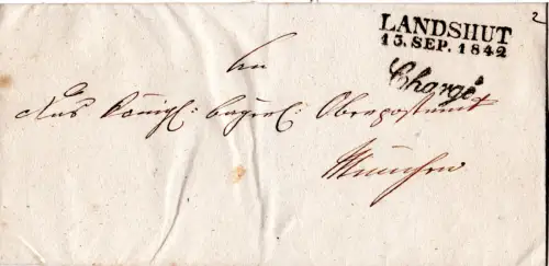 Bayern 1842, L2 Landshut u. Schreibschrift-L1 Chargé je klar auf Brief n München