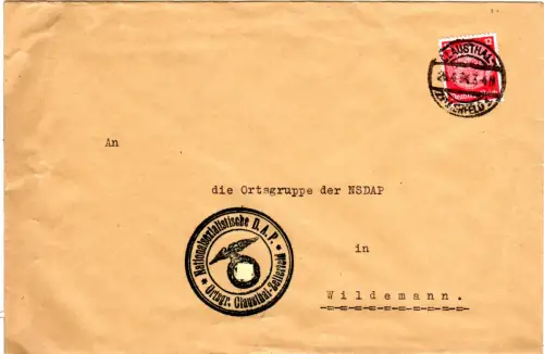 DR 1934, 12 Pf. auf Brief d. NSDAP Ortsgruppe Clausthal-Zellerfeld n. Wildemann