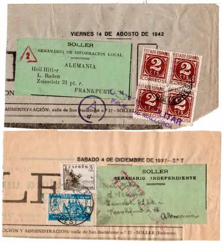 Spanien 1937/421, 6 Marken auf 2 Zeitungsteilen m. Zensuren v. SOLLER n. Dt.