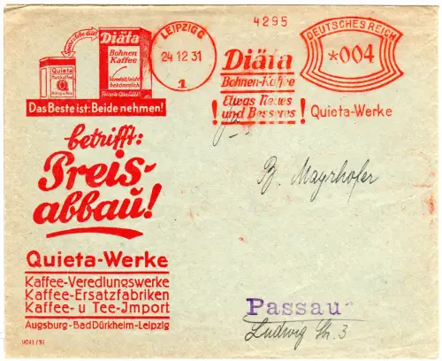 DR 1932, Brief m. Leipzig 4 Pf. AFS Diäta Bohnen-Kaffee 
