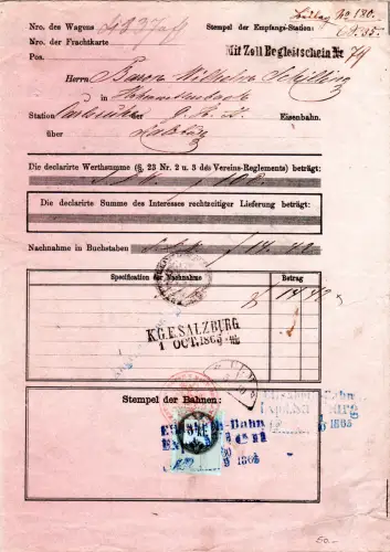 Österreich 1865, 5 Kr. Stempelmarke auf Frachtbrief v. Wien n. Ulm Württemberg