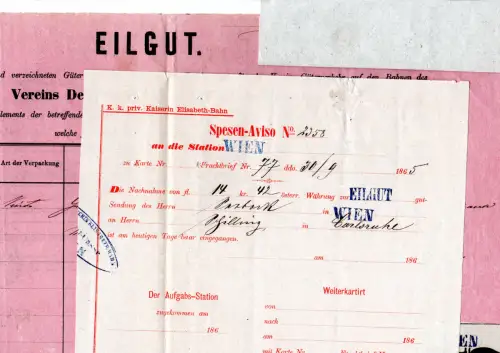 Österreich 1865, 5 Kr. Stempelmarke auf Frachtbrief v. Wien n. Ulm Württemberg