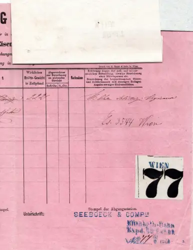 Österreich 1865, 5 Kr. Stempelmarke auf Frachtbrief v. Wien n. Ulm Württemberg
