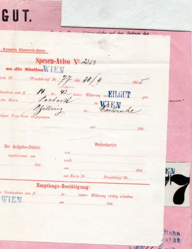 Österreich 1865, 5 Kr. Stempelmarke auf Frachtbrief v. Wien n. Ulm Württemberg